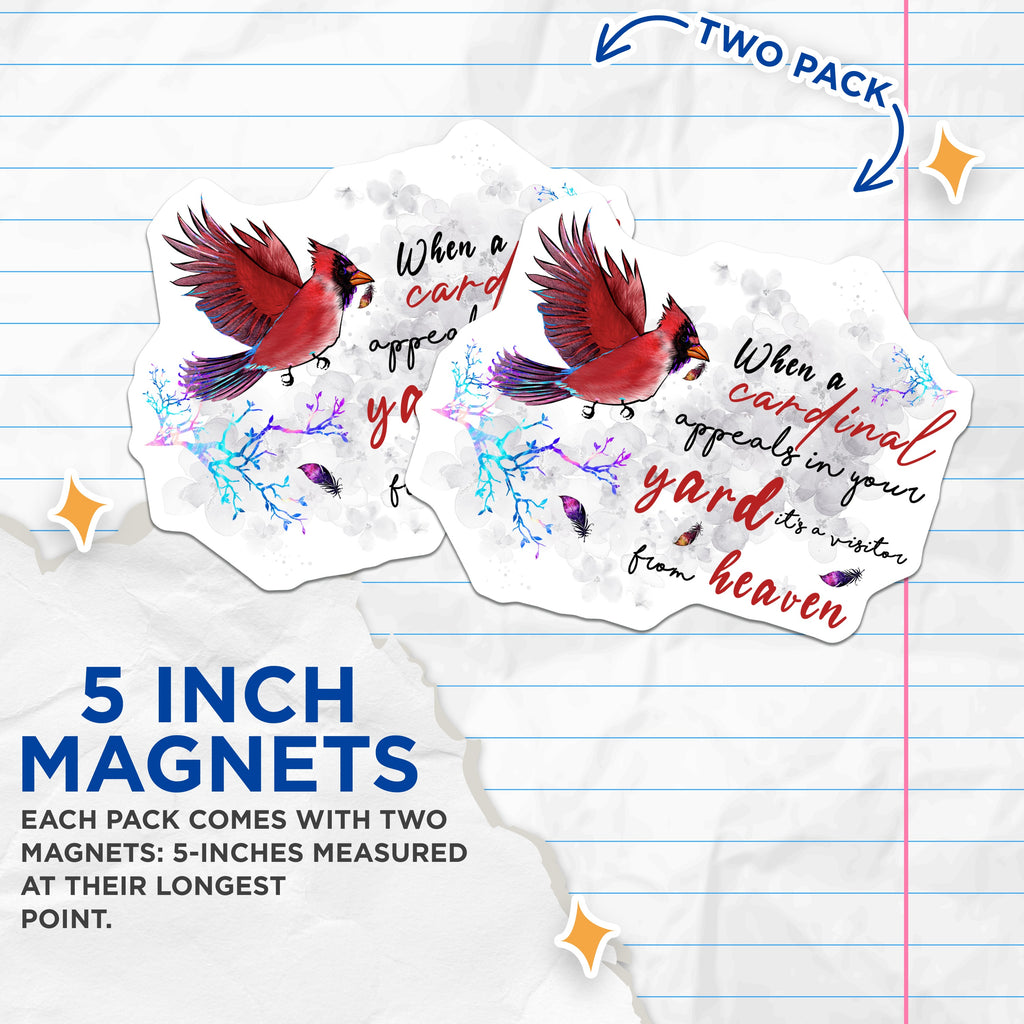 (2 Pack) Cardinal Memorial Magnets - Visitor from Heaven Decor - Spiritual Remembrance Art - 5 Inches On Longest Side - Thick Durable Magnet - Made in USA - MAG39073