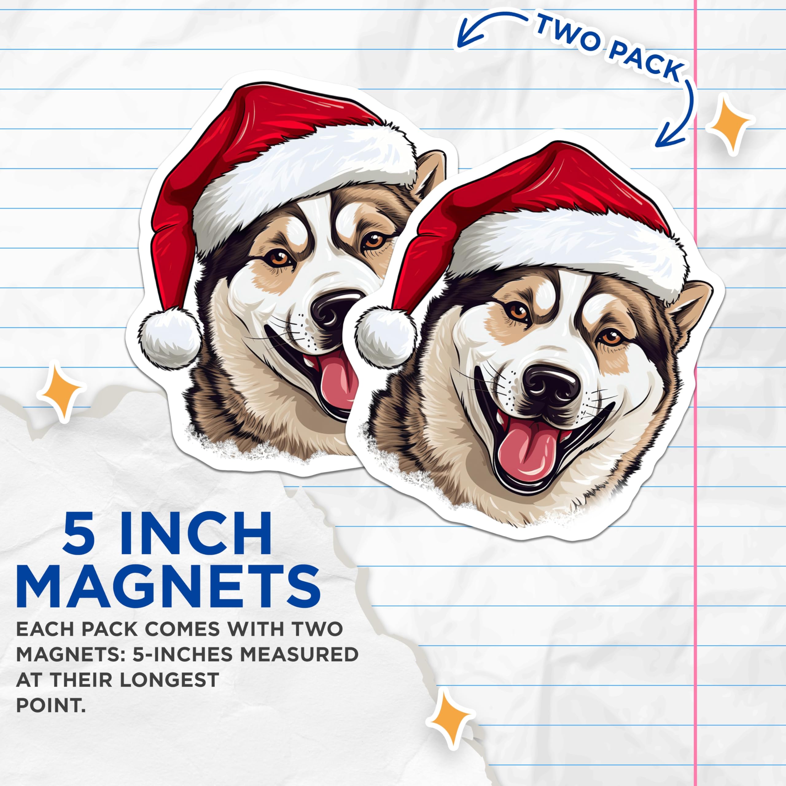(2 Pack) Christmas Husky Magnets - Santa Hat Dog Holiday Decoration - Festive Winter Refrigerator Locker Vehicle Magnet - 5 Inches On Longest Side - Thick Durable Magnet - Made in USA - MAG24534