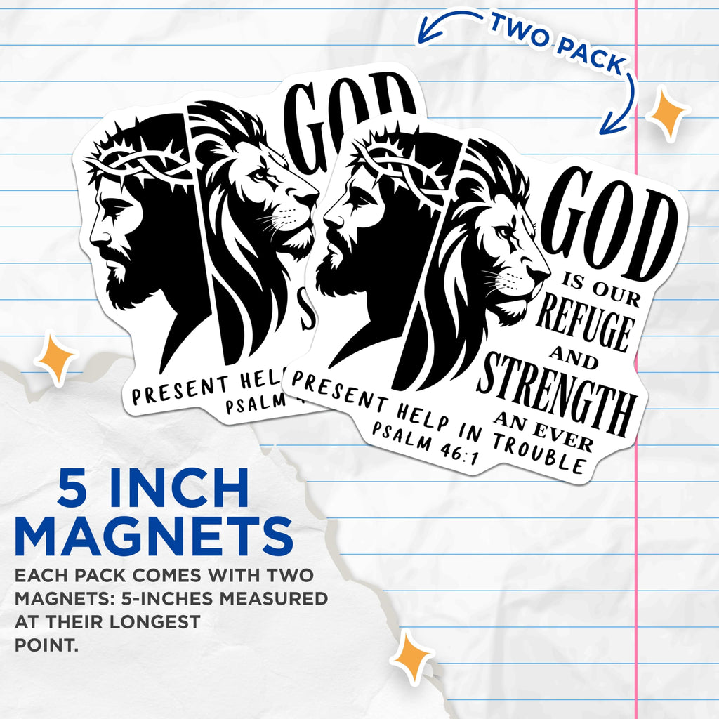 (2 Pack) Christian Magnets - Lion and Jesus - Psalm 46 1 Religious Magnet - 5" On Longest Side - Premium Magnet - for Cars, Refrigerators, Toolboxes, Lockers - Made in USA - MAG14021
