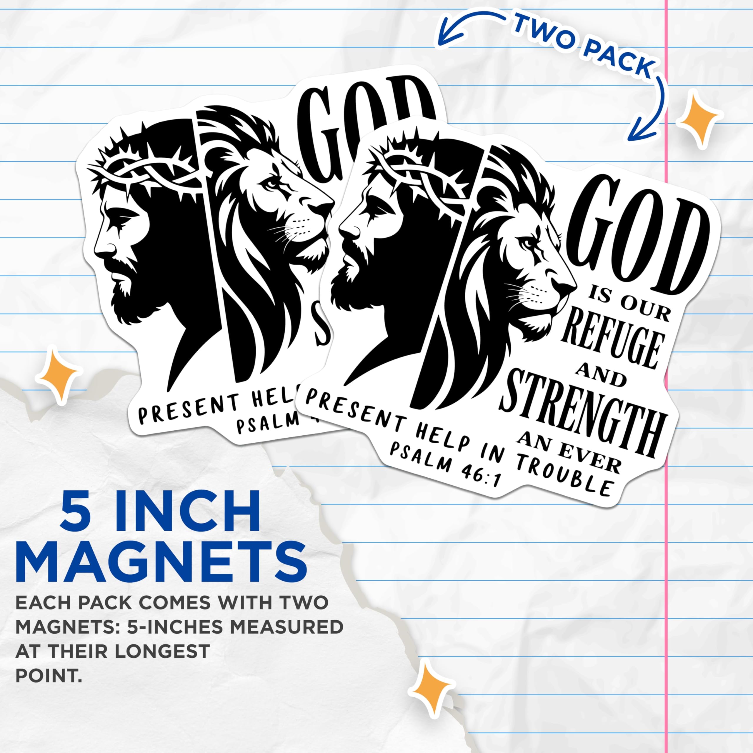 (2 Pack) Christian Magnets - Lion and Jesus - Psalm 46 1 Religious Magnet - 5" On Longest Side - Premium Magnet - for Cars, Refrigerators, Toolboxes, Lockers - Made in USA - MAG14021