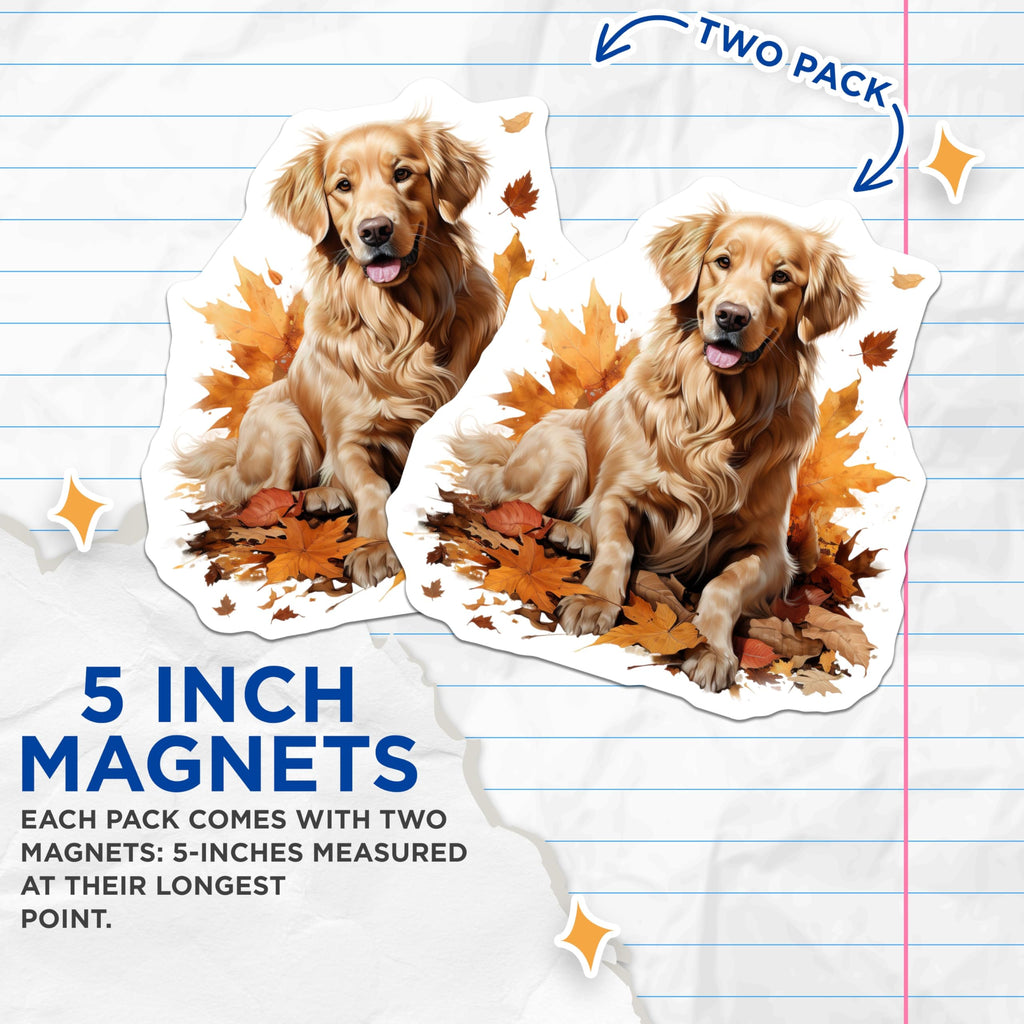 (2 Pack) Golden Retriever Magnets - Autumn Dog Decor - Fall Leaves Pet Parent - Cute Dog Refrigerator Locker Decor - 5 Inches On Longest Side - Thick Durable Magnet - Made in USA - MAG29674
