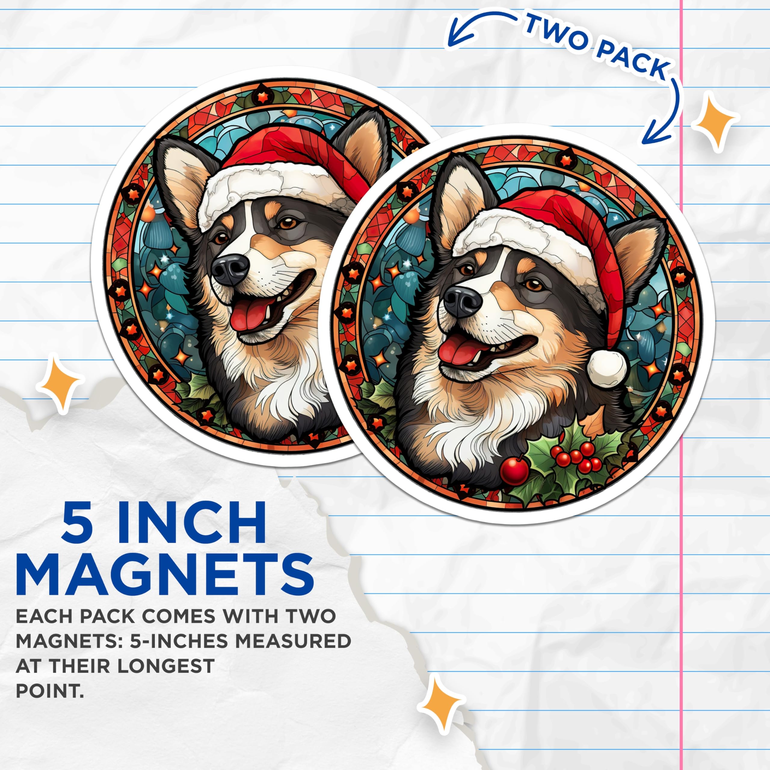 (2 Pack) Corgi Christmas Magnets - Stained Glass Dog Art - Holiday Decor Pet Lover Refrigerator - 5 Inches On Longest Side - Thick Durable Magnet - Made in USA - MAG26648