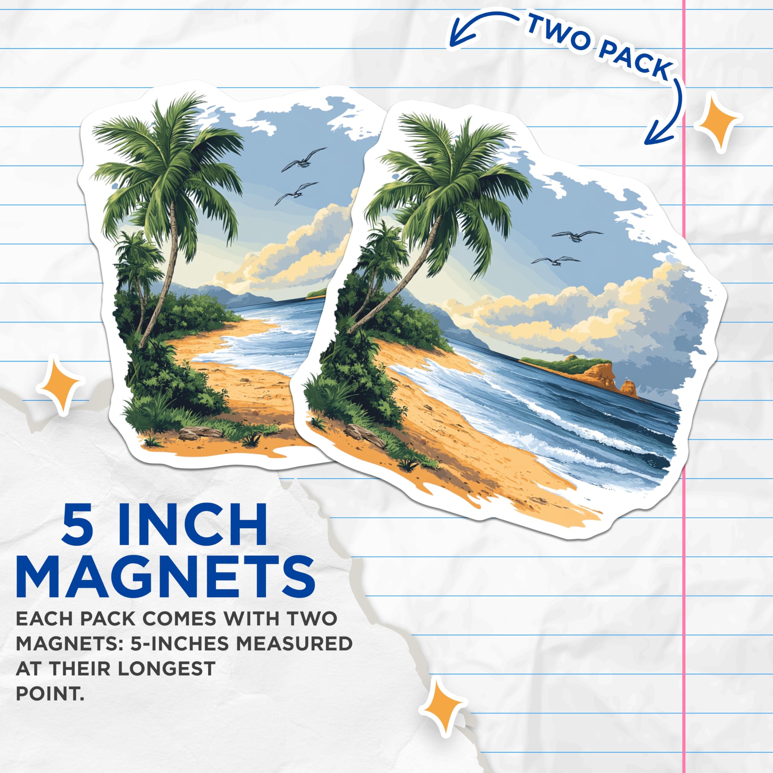 (2 Pack) Tropical Beach Magnets - Ocean Waves Decor - Palm Tree Island Art - 5 Inches On Longest Side - Thick Durable Magnet - Made in USA - MAG24760