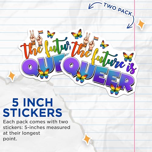 (2 Pack) Equality Pride Stickers - LGBTQ Rainbow Decals - The Future is Queer - 5" On Longest Side - Sticks to Smooth Flat Surfaces - Made in USA - BMCS8290