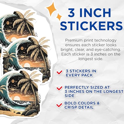(3 Pack) Beach Sunset Decals - Ocean Wave - Palm Tree Decals - 3 Inches On Longest Side - Easy Peel & Apply - Made in USA - 3MCS8021