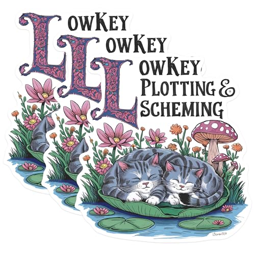 (3 Pack) Lowkey Plotting Decals - Cat Nap Decal - Kitten Lover Decal - 3 Inches On Longest Side - Easy Peel & Apply - Made in USA - 3MCS0605