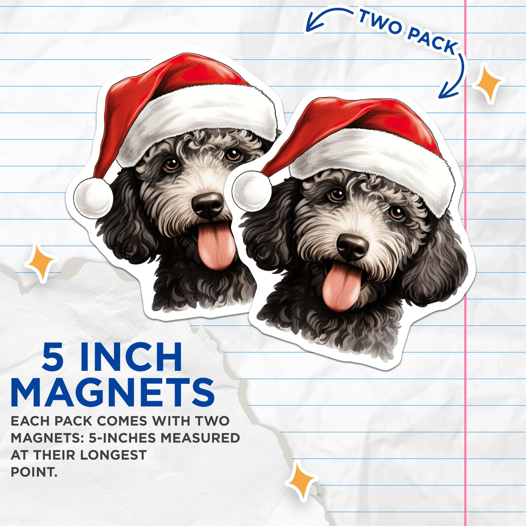 (2 Pack) Doodle Dog Christmas Magnets - Santa Hat Pet Decor - Holiday Refrigerator Accessories - 5 Inches On Longest Side - Thick Durable Magnet - Made in USA - MAG27583