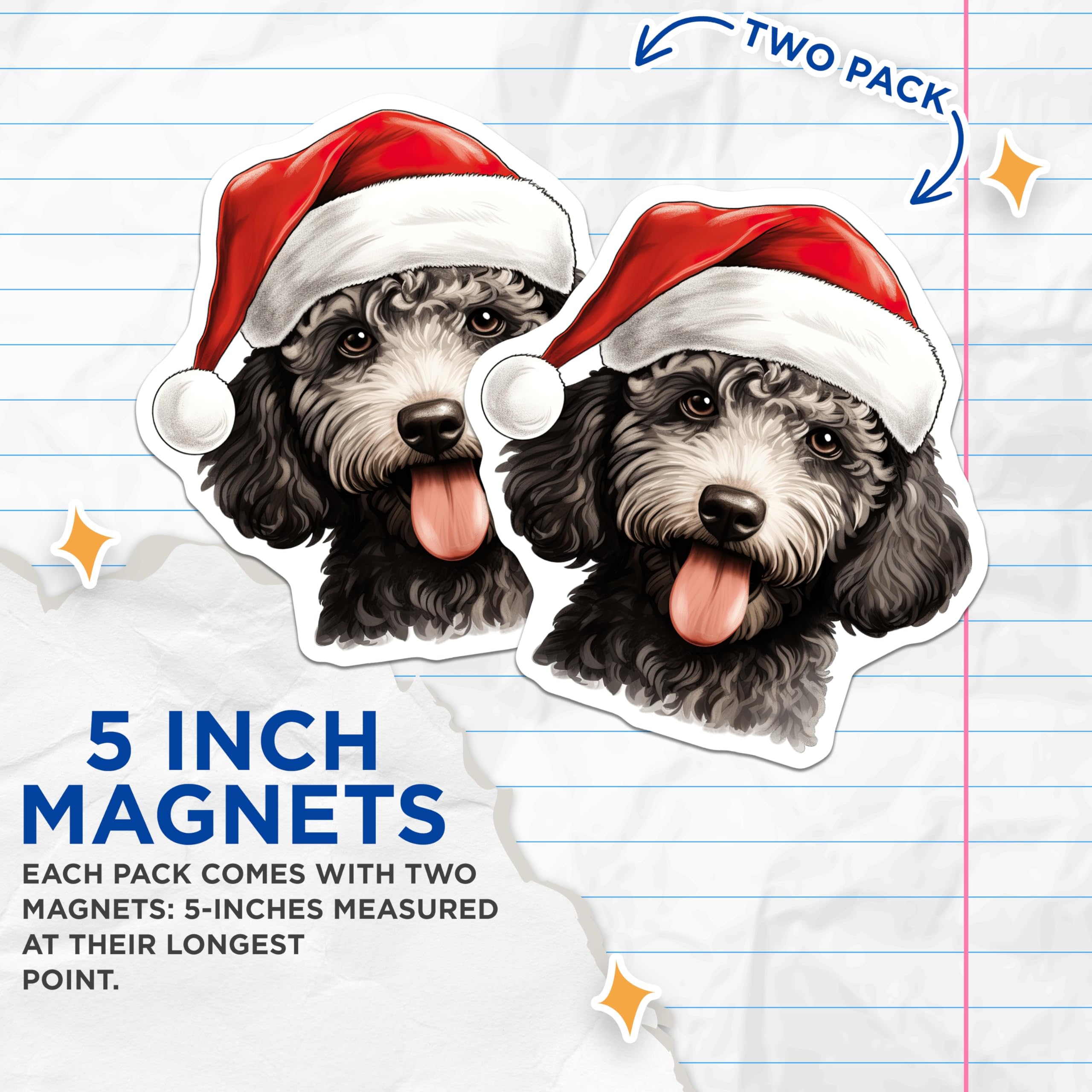 (2 Pack) Doodle Dog Christmas Magnets - Santa Hat Pet Decor - Holiday Refrigerator Accessories - 5 Inches On Longest Side - Thick Durable Magnet - Made in USA - MAG27583