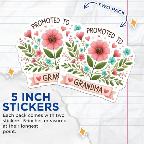 (2 Pack) Promoted to Grandma Stickers - Floral Grandma Decal - Grandmother Announcement - 5" On Longest Side - Sticks to Smooth Flat Surfaces - Made in USA - BMCS6866