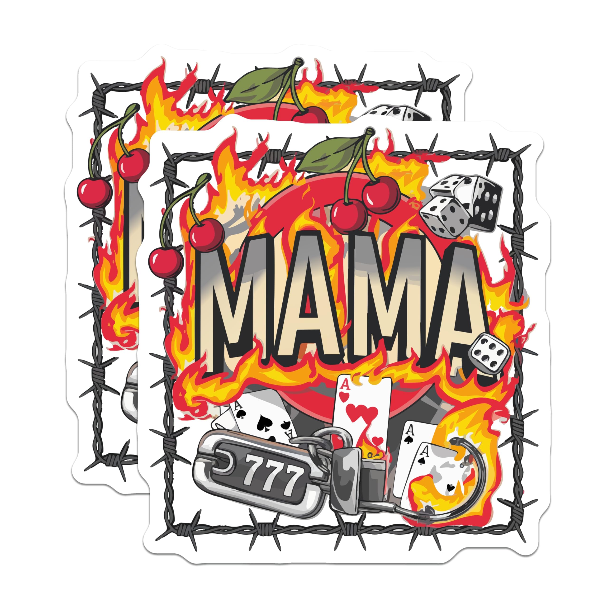 (2 Pack) Edgy Mama Magnets - Rockabilly Style Flaming Cherries Dice - Barbed Wire Lucky 777 Poker Aces Artwork - 5 Inches On Longest Side - Thick Durable Magnet - Made in USA - MAG21102
