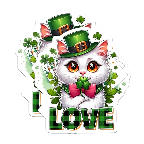 (2 Pack) St. Patrick's Day Cat Stickers - Cute Irish Love Clover - 5" On Longest Side - Sticks to Smooth Flat Surfaces - Made in USA - BMCS8106