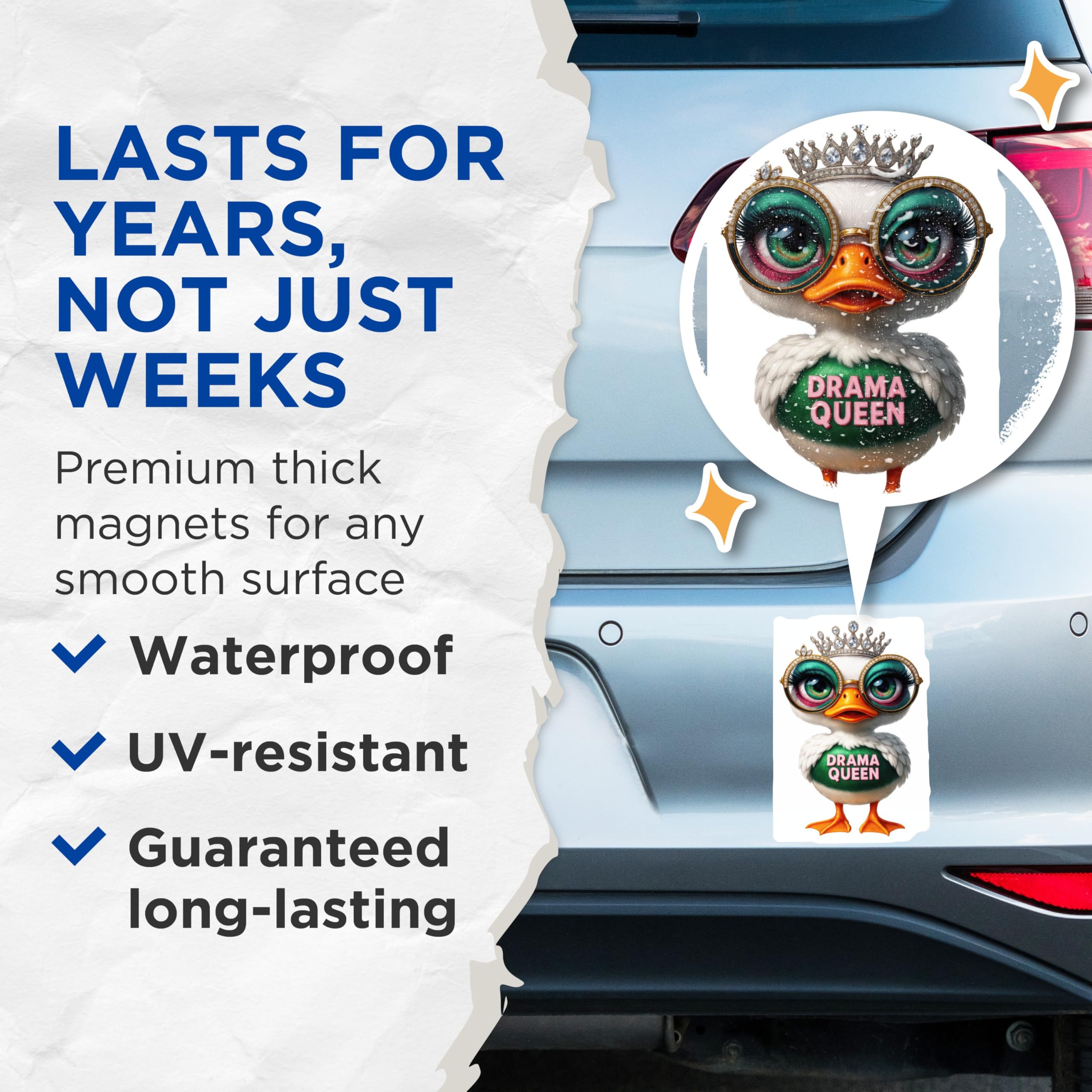 (2 Pack) Drama Queen Duck Magnets - Crowned Eyeglasses Duck - Funny Refrigerator Decor - Sassy Animal Collectible - 5 Inches On Longest Side - Thick Durable Magnet - Made in USA - MAG22598