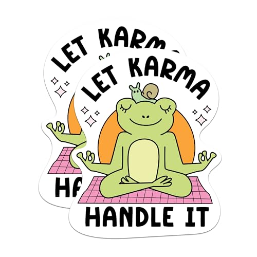 (2 Packs) Let Karma Handle It Stickers - Meditating Frog Peaceful Zen Namaste Decals - 5 Inches On Longest Side - Premium Vinyl Decal - Sticks to Any Smooth Flat Surface - Made in USA - BMCS2305