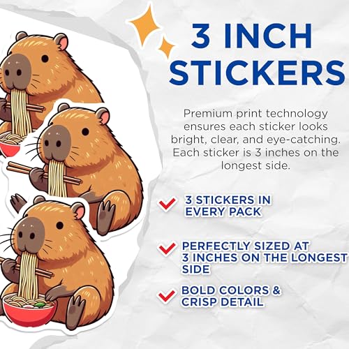 (3 Pack) Capybara Ramen Decals - Cute Animal Stickers - Laptop Decals - 3 Inches On Longest Side - Easy Peel & Apply - Made in USA - 3MCS8674