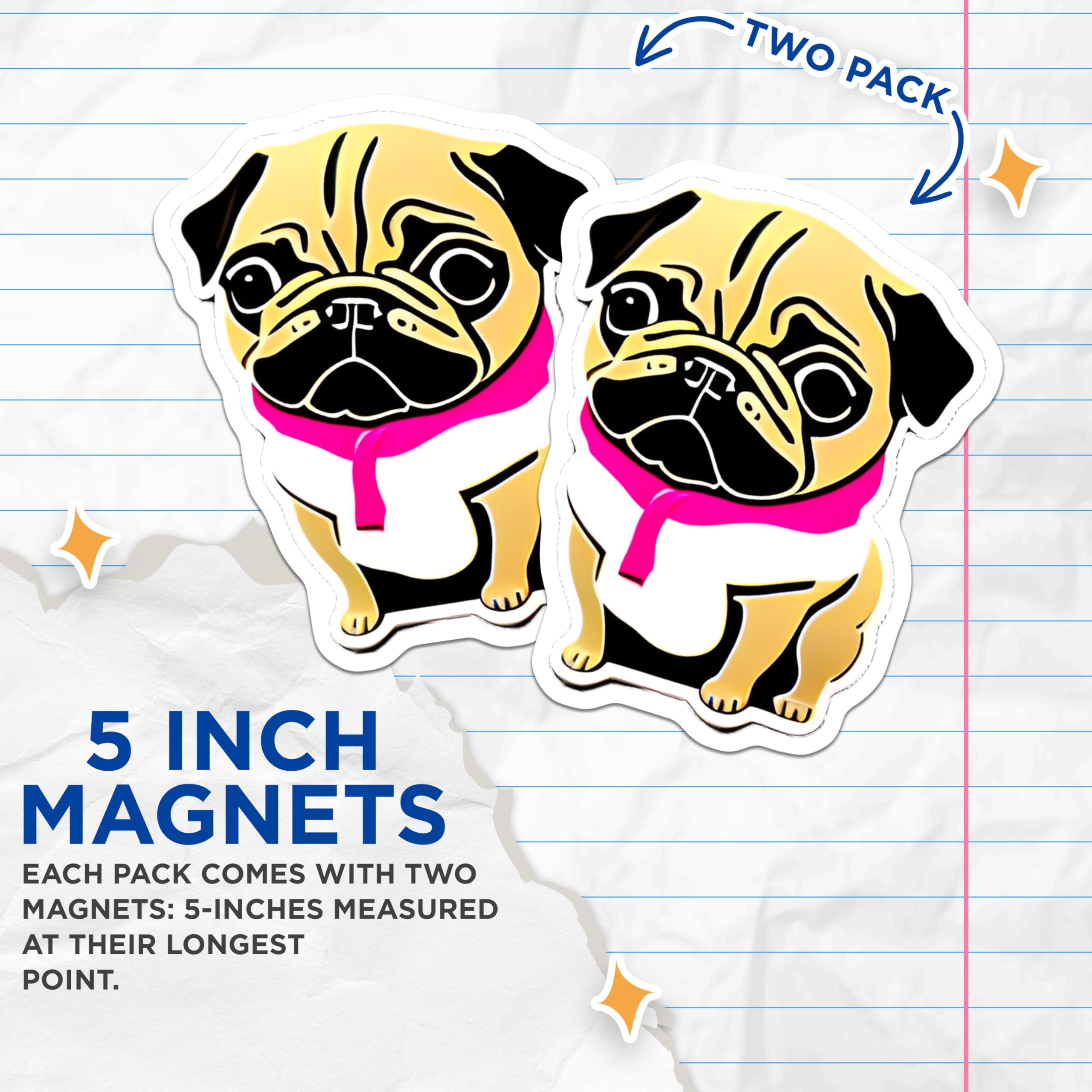 (2 Pack) Pug Dog Magnets - Cute Fawn Canine Decor - Pink Scarf Animal Lover Accessory - Refrigerator Locker Magnets - 5 Inches On Longest Side - Thick Durable Magnet - Made in USA - MAG20447