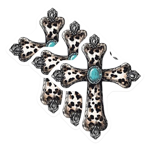 (3 Pack) Leopard Cross Decals - Turquoise Stone - Christian Symbol Decals - 3 Inches On Longest Side - Easy Peel & Apply - Made in USA - 3MCS7495