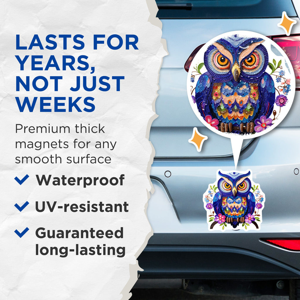 (2 Pack) Quilling Owl Magnets - Bohemian Home Decor - Vibrant Refrigerator Art - 5 Inches On Longest Side - Thick Durable Magnet - Made in USA - MAG39634