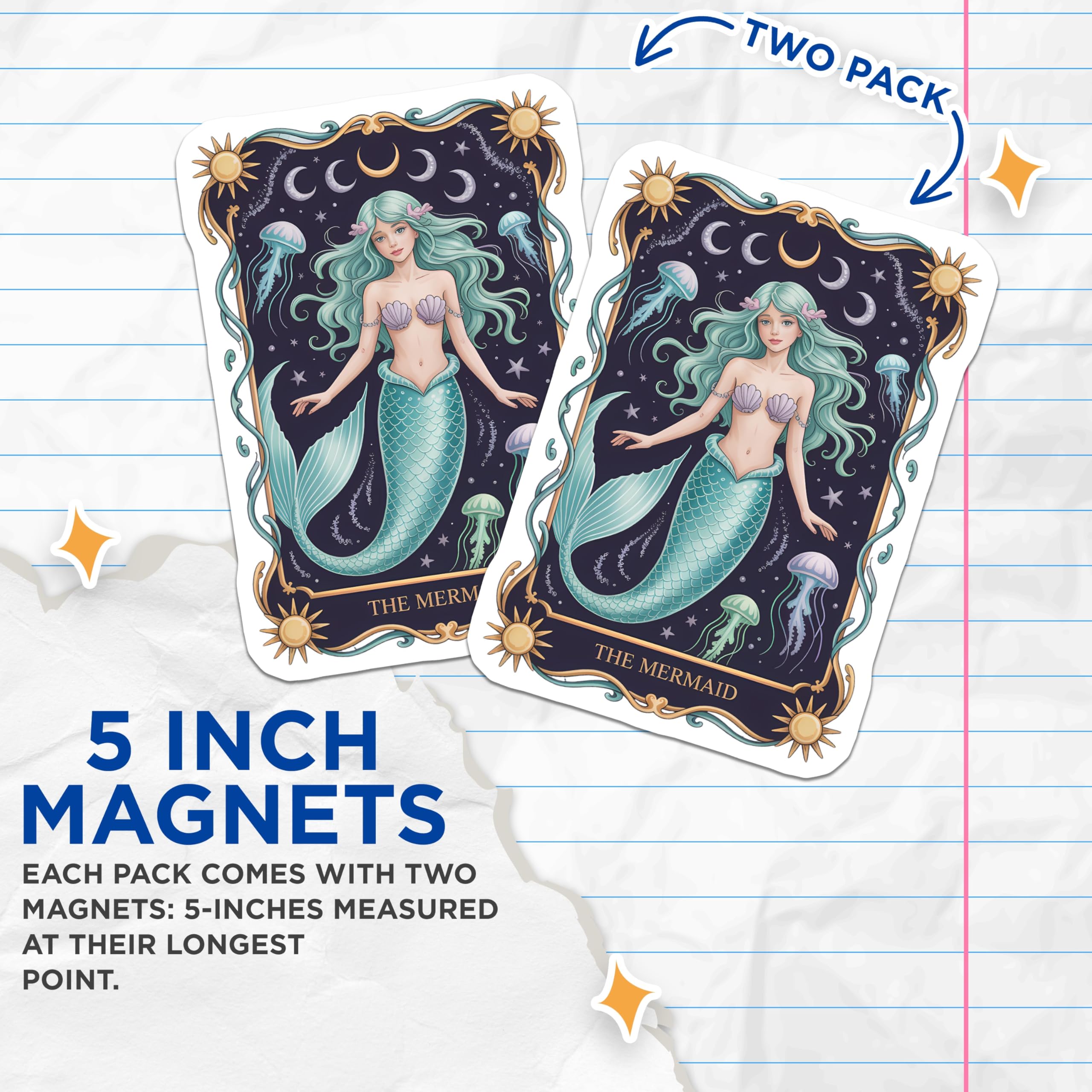 (2 Pack) Mermaid Fantasy Art Magnets - Mystical Ocean Decor - Celestial Tarot Card Style - 5 Inches On Longest Side - Thick Durable Magnet - Made in USA - MAG21043