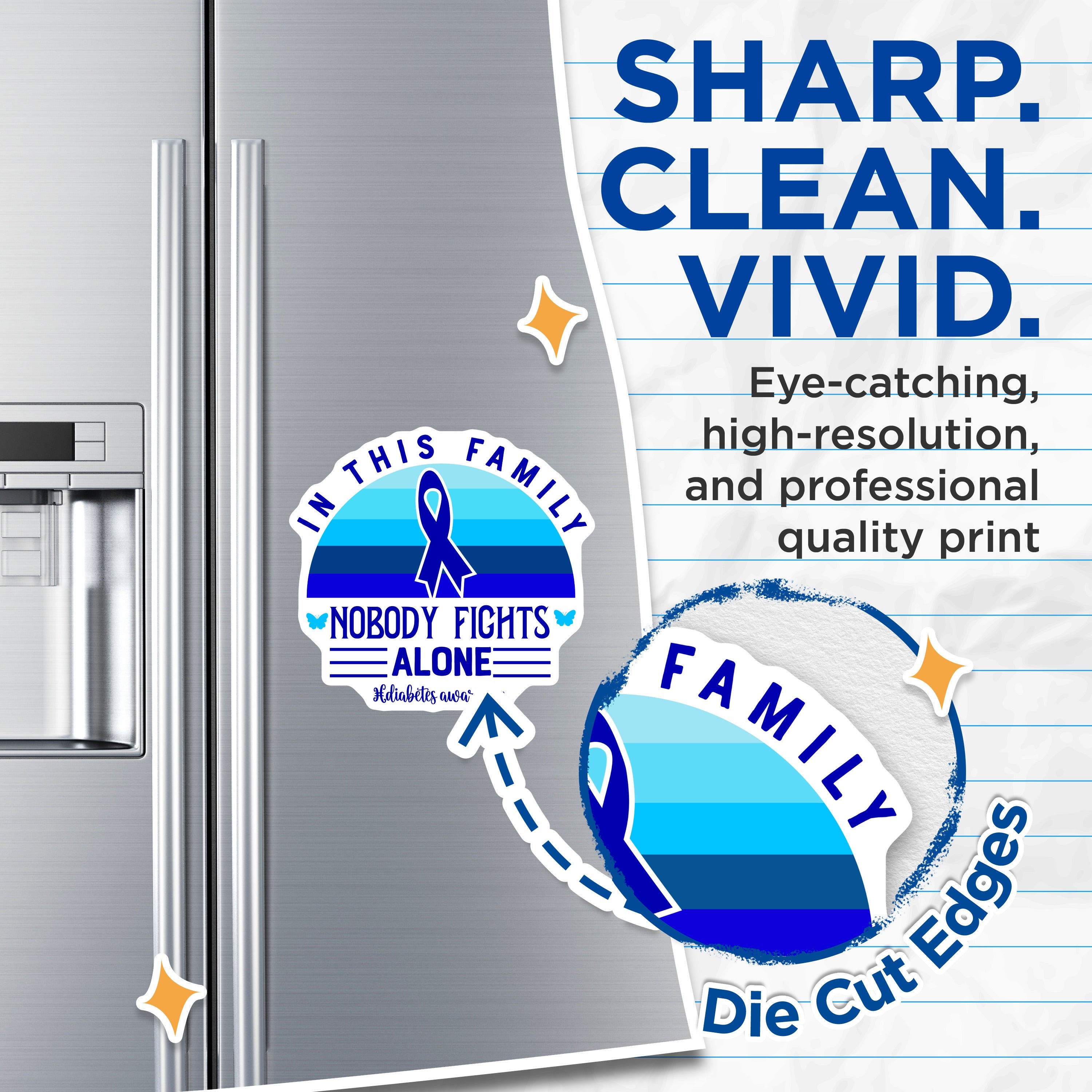 (2 Pack) Diabetes Awareness Magnets - Family Support Quote - Nobody Fights Alone Blue Ribbon - 5 Inches On Longest Side - Thick Durable Magnet - Made in USA - MAG38848