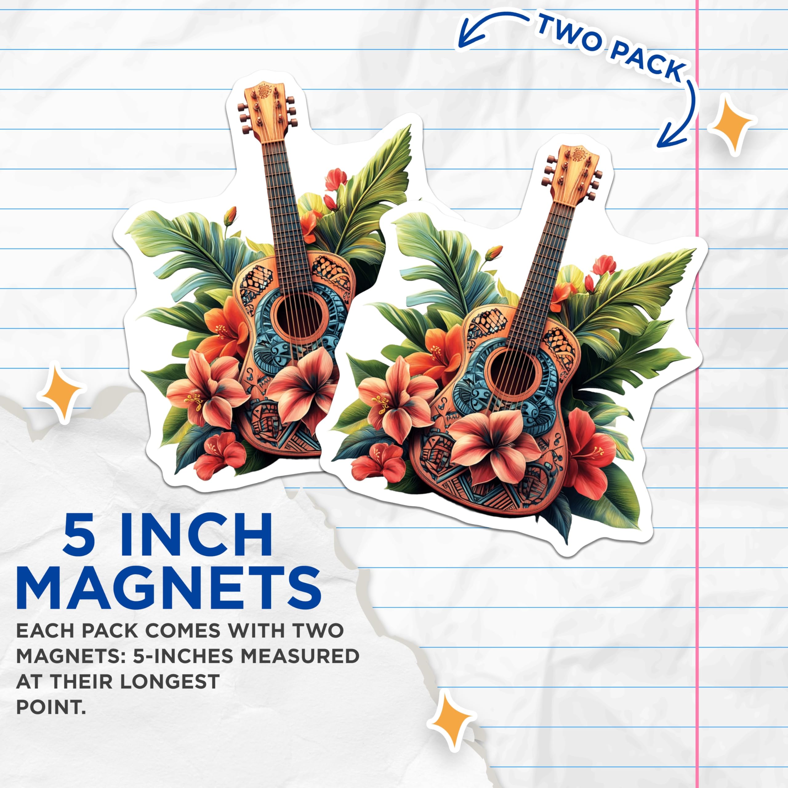 (2 Pack) Tropical Guitar Magnets - Vibrant Hawaiian Hibiscus Decor - Musical Instrument Fridge Art - 5 Inches On Longest Side - Thick Durable Magnet - Made in USA - MAG19586