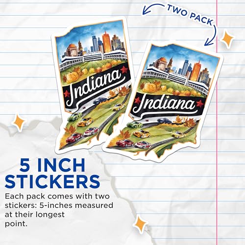 (2 Pack) Indiana Map Stickers - State Illustration - Nature and Cityscape - 5" On Longest Side - Sticks to Smooth Flat Surfaces - Made in USA - BMCS6271