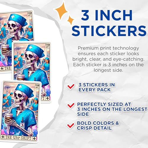 (3 Pack) Nurse Skeleton Decals - 12hr Shift - Healthcare Decals - 3 Inches On Longest Side - Easy Peel & Apply - Made in USA - 3MCS0288