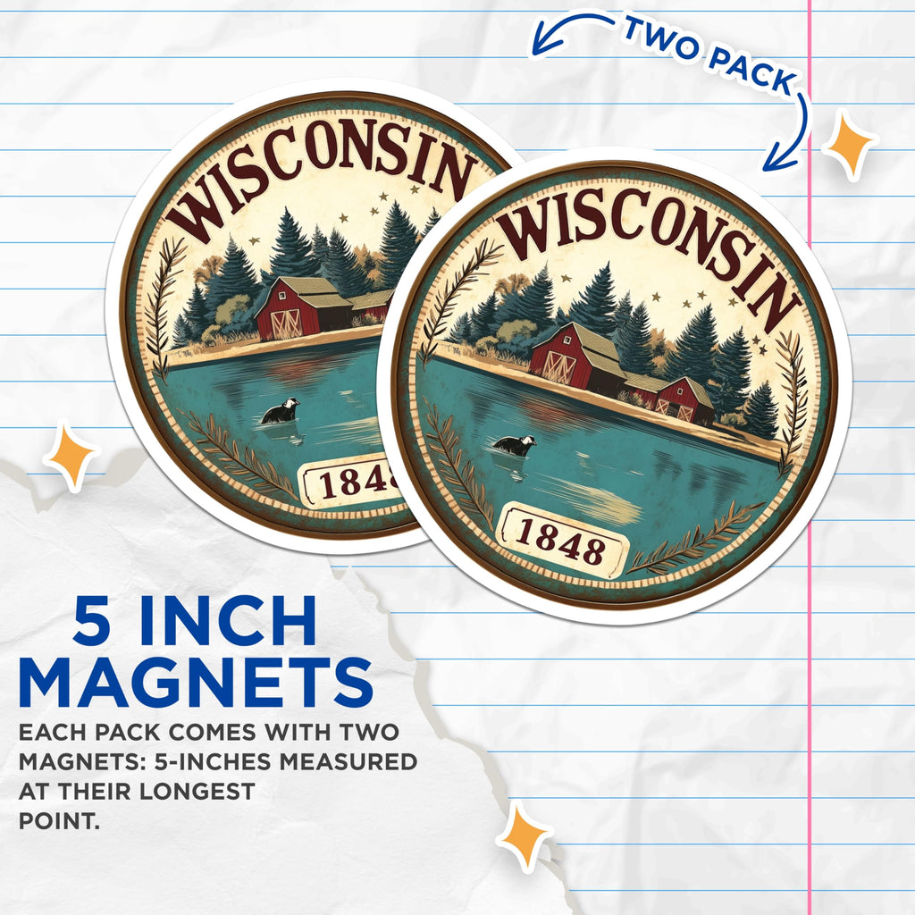 (2 Pack) Wisconsin State Magnets - Lake and Barn Design - Wisconsin Pride Decor - 5" On Longest Side - Premium Magnet - for Cars, Refrigerators, Toolboxes, Lockers - Made in USA - MAG14226