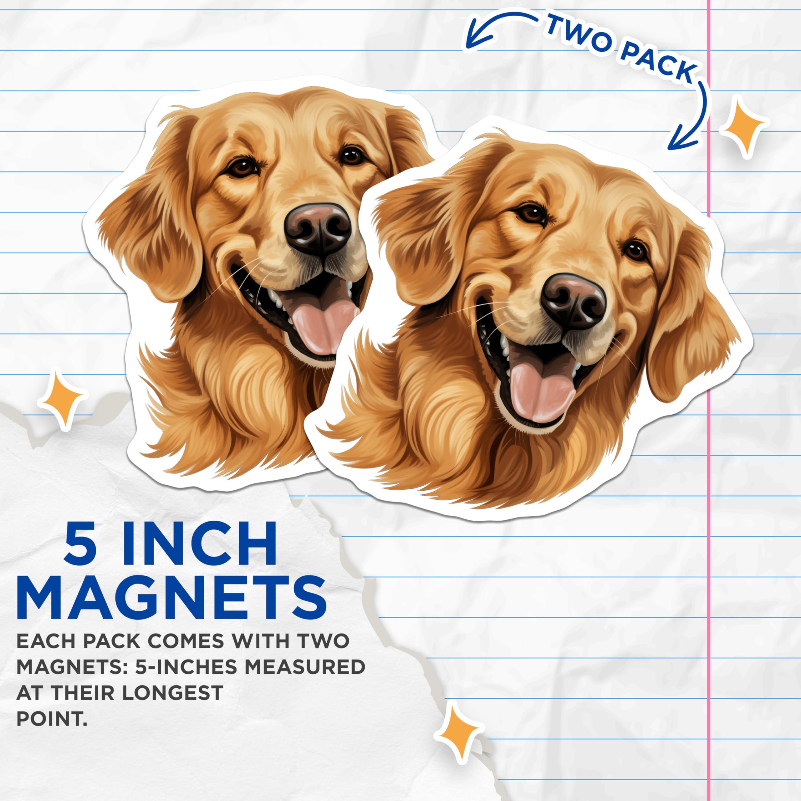 (2 Pack) Golden Retriever Dog Magnets - Happy Canine Illustration - Pet Lover Decor for Fridge - 5 Inches On Longest Side - Thick Durable Magnet - Made in USA - MAG28547