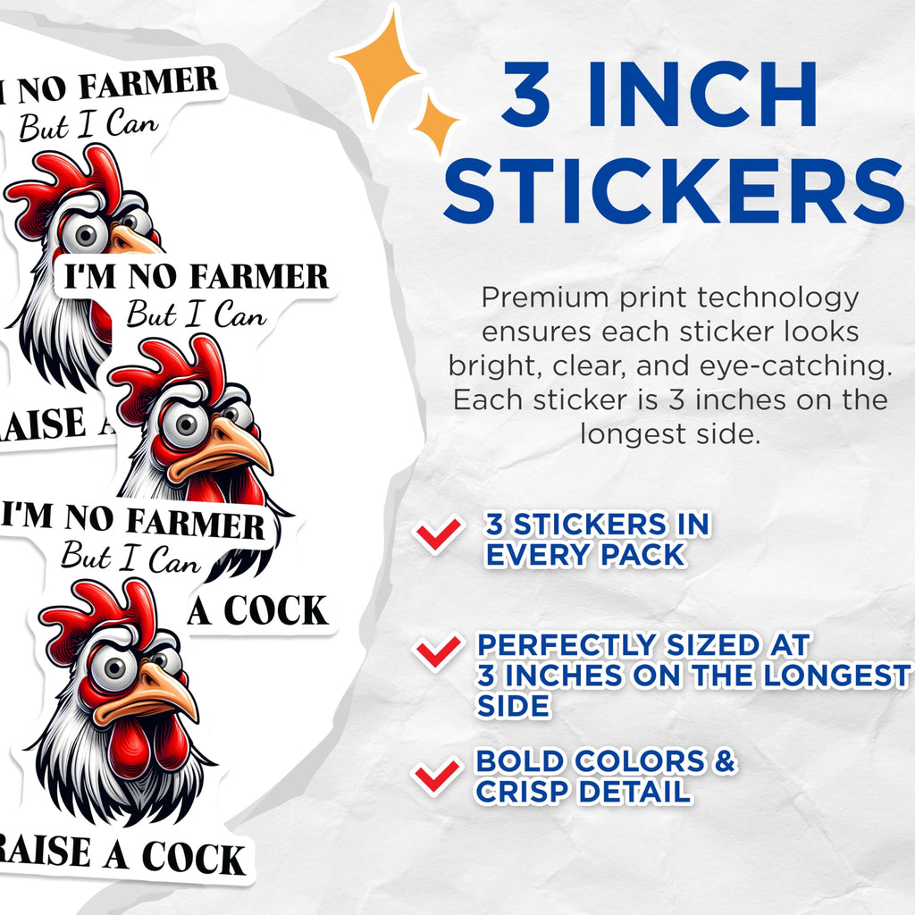 (3 Pack) Funny Chicken Decals - Sarcastic Rooster - I Raise A Cock Decal - 3 Inches On Longest Side - Easy Peel & Apply - Made in USA - 3MCS4418