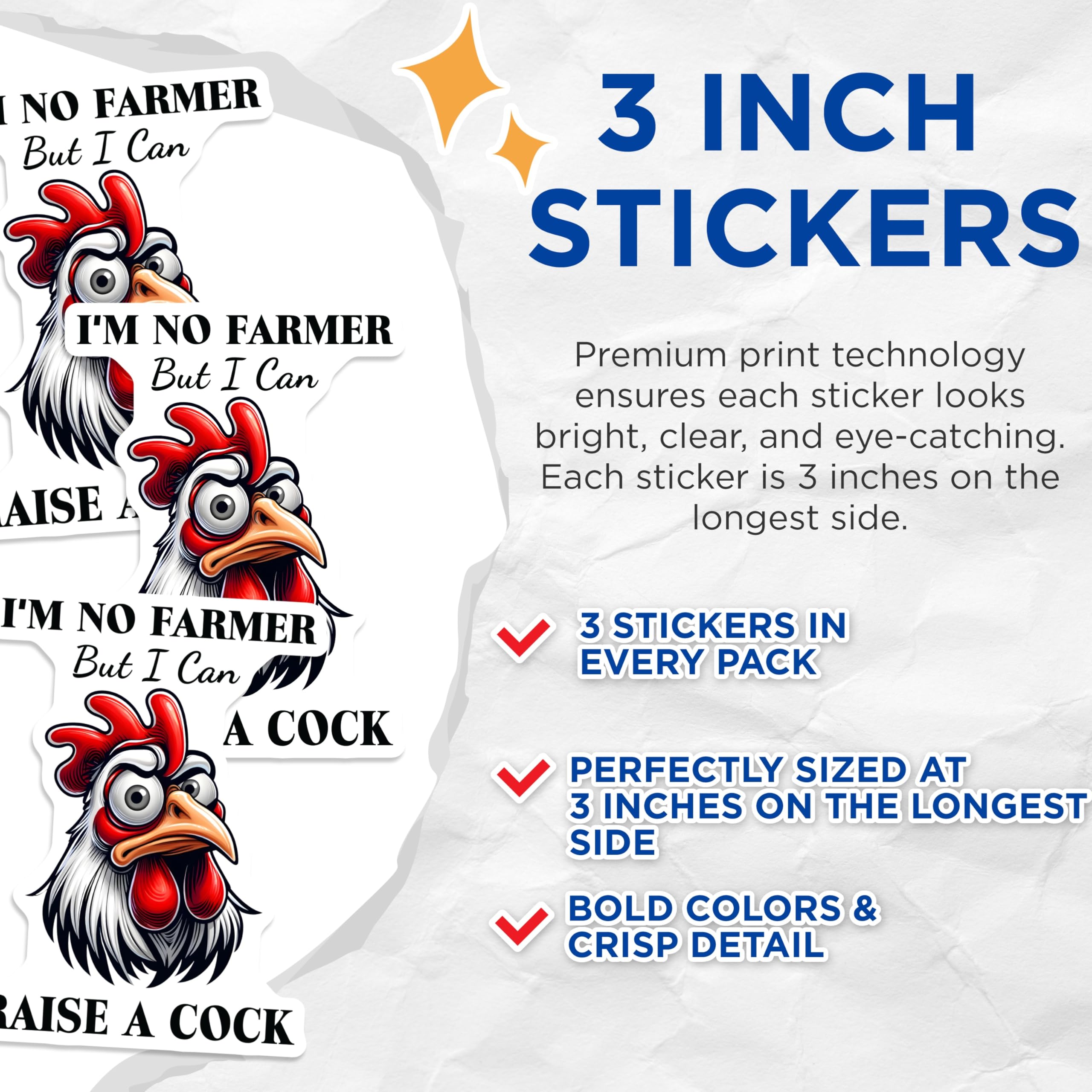 (3 Pack) Funny Chicken Decals - Sarcastic Rooster - I Raise A Cock Decal - 3 Inches On Longest Side - Easy Peel & Apply - Made in USA - 3MCS4418