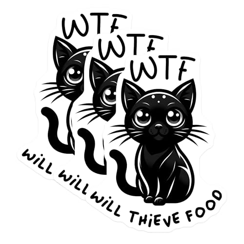 (3 Pack) Funny Cat Decals - WTF Will Thief Food - Laptop Decal - 3 Inches On Longest Side - Easy Peel & Apply - Made in USA - 3MCS6104
