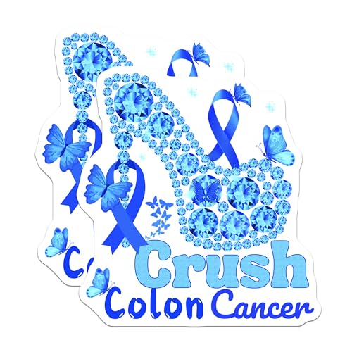 (2 Pack) Crush Colon Cancer Stickers - Cancer Awareness Stickers - Blue Butterfly High Heel Stickers - 5" On Longest Side - Sticks to Any Smooth Flat Surface - Made in USA - BMCS3396
