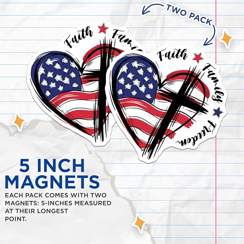 (2 Pack) Faith Family Freedom Magnets Magnets - American Flag Heart - Christian Cross - 5" On Longest Side - Made in USA - Sticks to Refrigerators & Metal Surfaces - MAG8375