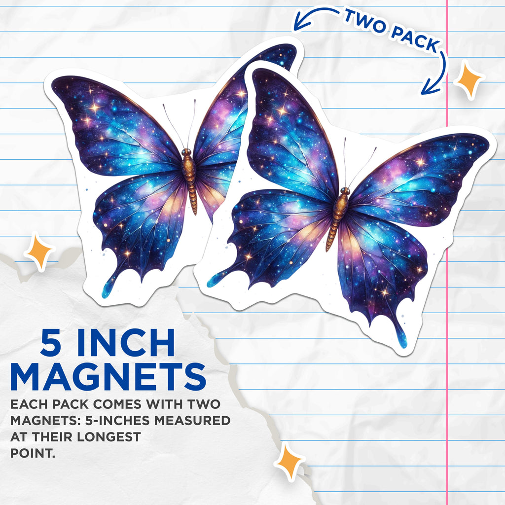 (2 Pack) Galaxy Butterfly Magnets - Celestial Fridge Decor - Cosmic Art Locker Magnet - 5 Inches On Longest Side - Thick Durable Magnet - Made in USA - MAG37270