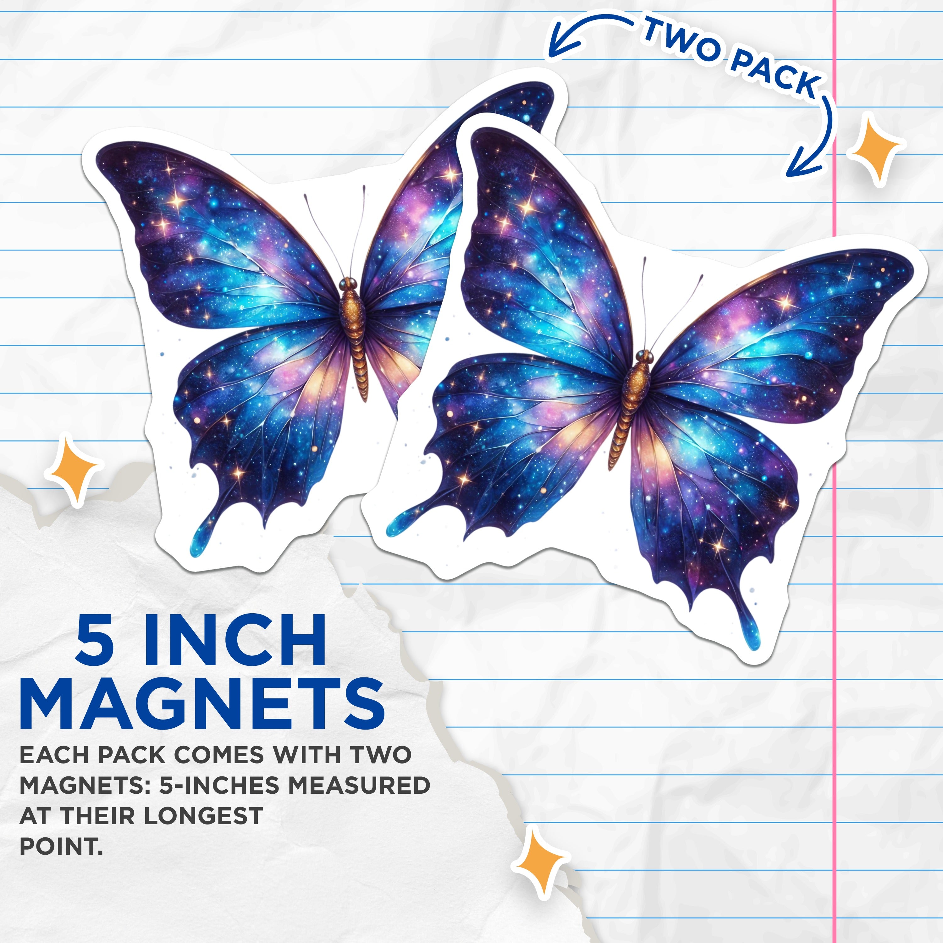 (2 Pack) Galaxy Butterfly Magnets - Celestial Fridge Decor - Cosmic Art Locker Magnet - 5 Inches On Longest Side - Thick Durable Magnet - Made in USA - MAG37270