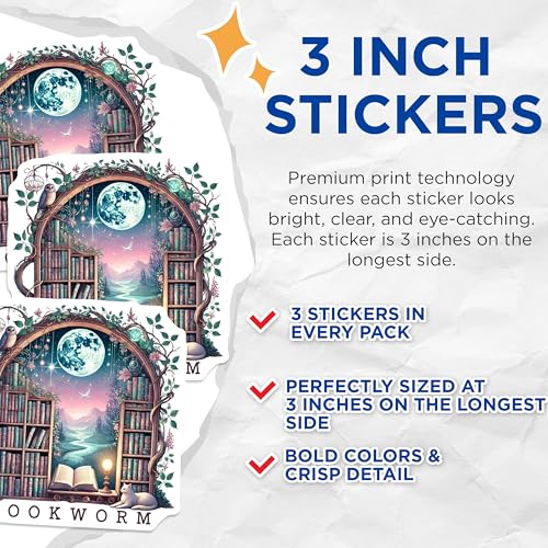 (3 Pack) Bookworm Library Decals - Fantasy Reader Sticker - Magical Books Laptop Decals - 3 Inches On Longest Side - Easy Peel & Apply - Made in USA - 3MCS4685