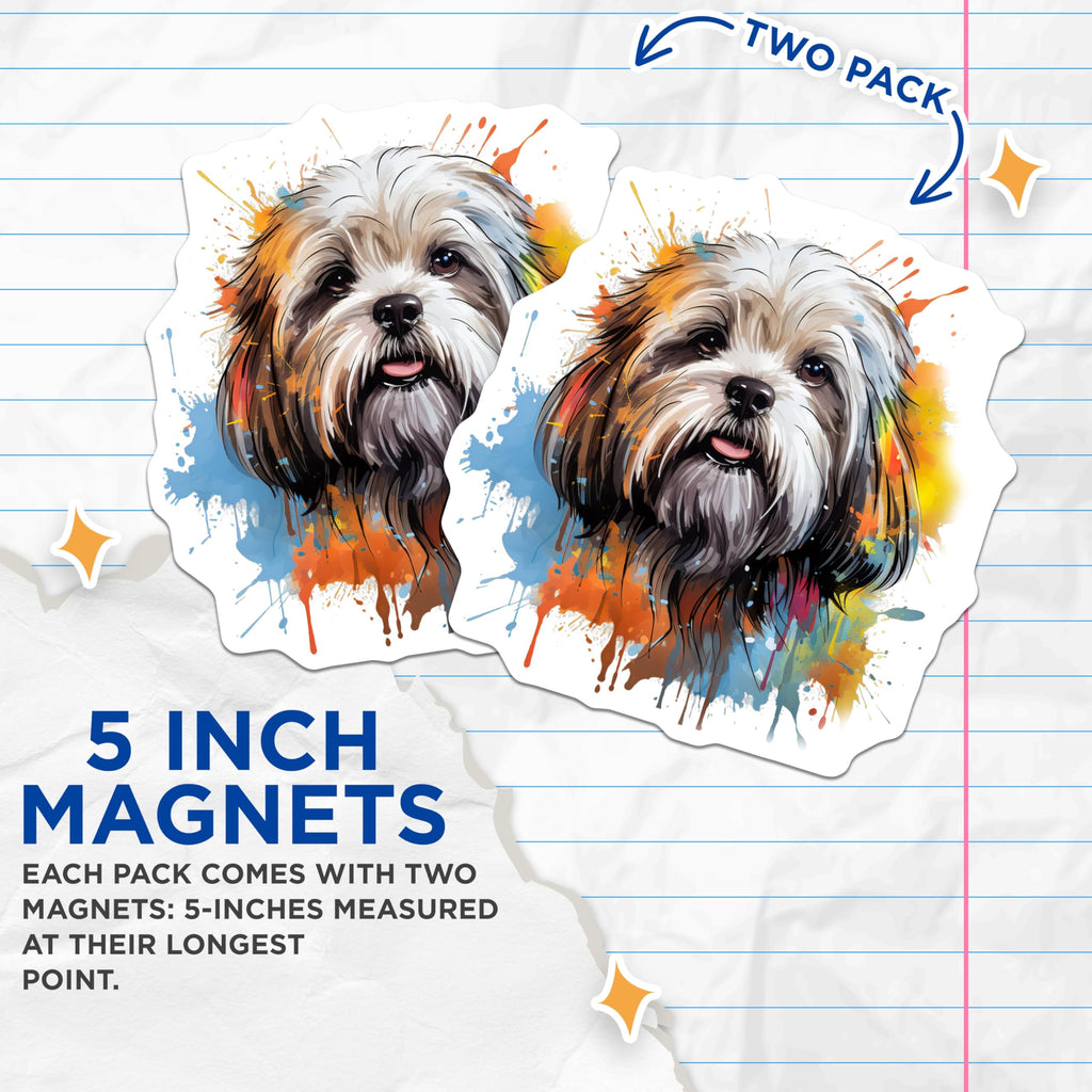 (2 Pack) Shih Tzu Dog Magnets - Watercolor Splatter Art - Dog Lover Fridge Decor - Cute Puppy Animal Art - 5 Inches On Longest Side - Thick Durable Magnet - Made in USA - MAG28171