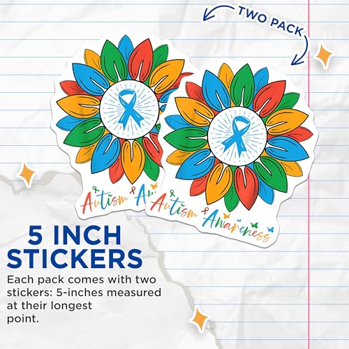 (2 Pack) Autism Awareness Stickers - Colorful Ribbon Stickers - Support Autism Community Decals - 5" On Longest Side - Sticks to Any Smooth Flat Surface - Made in USA - BMCS3571