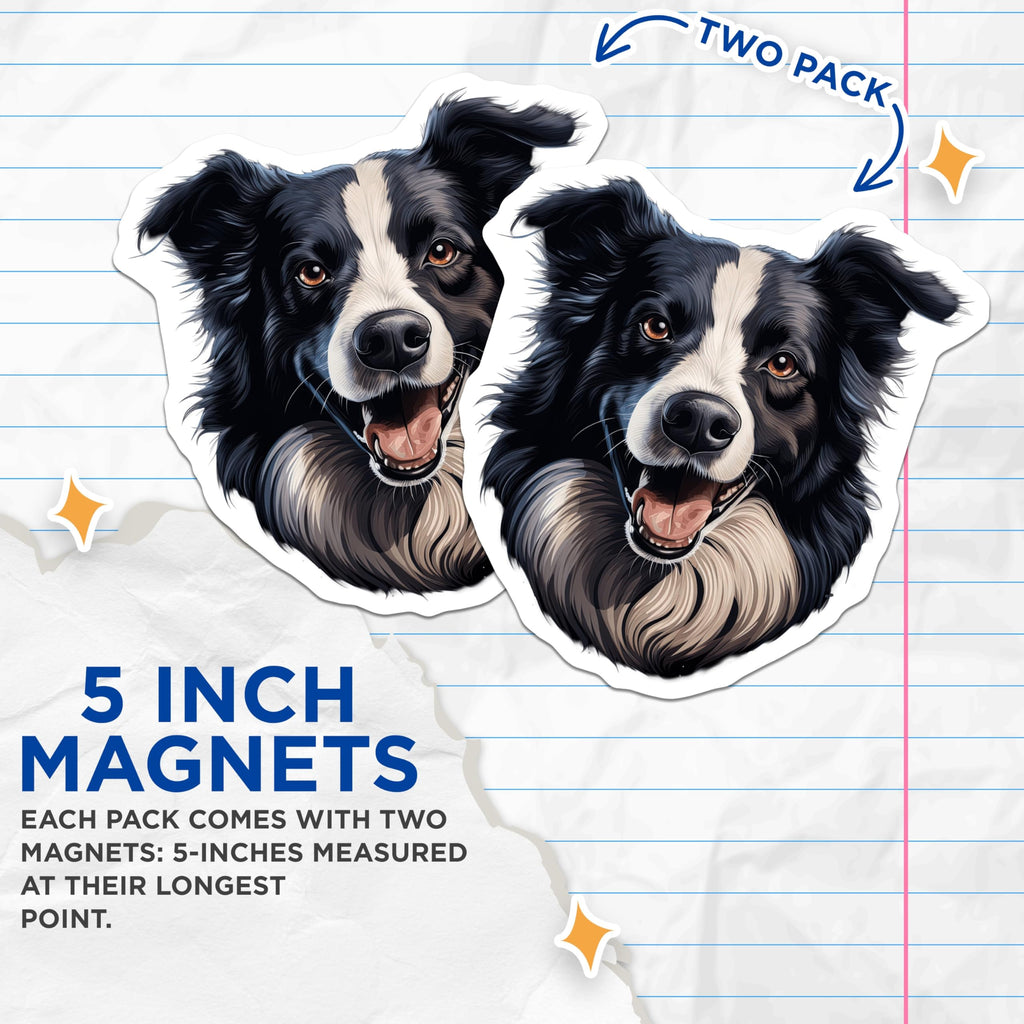 (2 Pack) Border Collie Magnets - Happy Dog Breed Art Decor - Loyal Canine Pet Lover Gift Idea - Refrigerator Home Accessory - 5 Inches On Longest Side - Thick Durable Magnet - Made in USA - MAG24058
