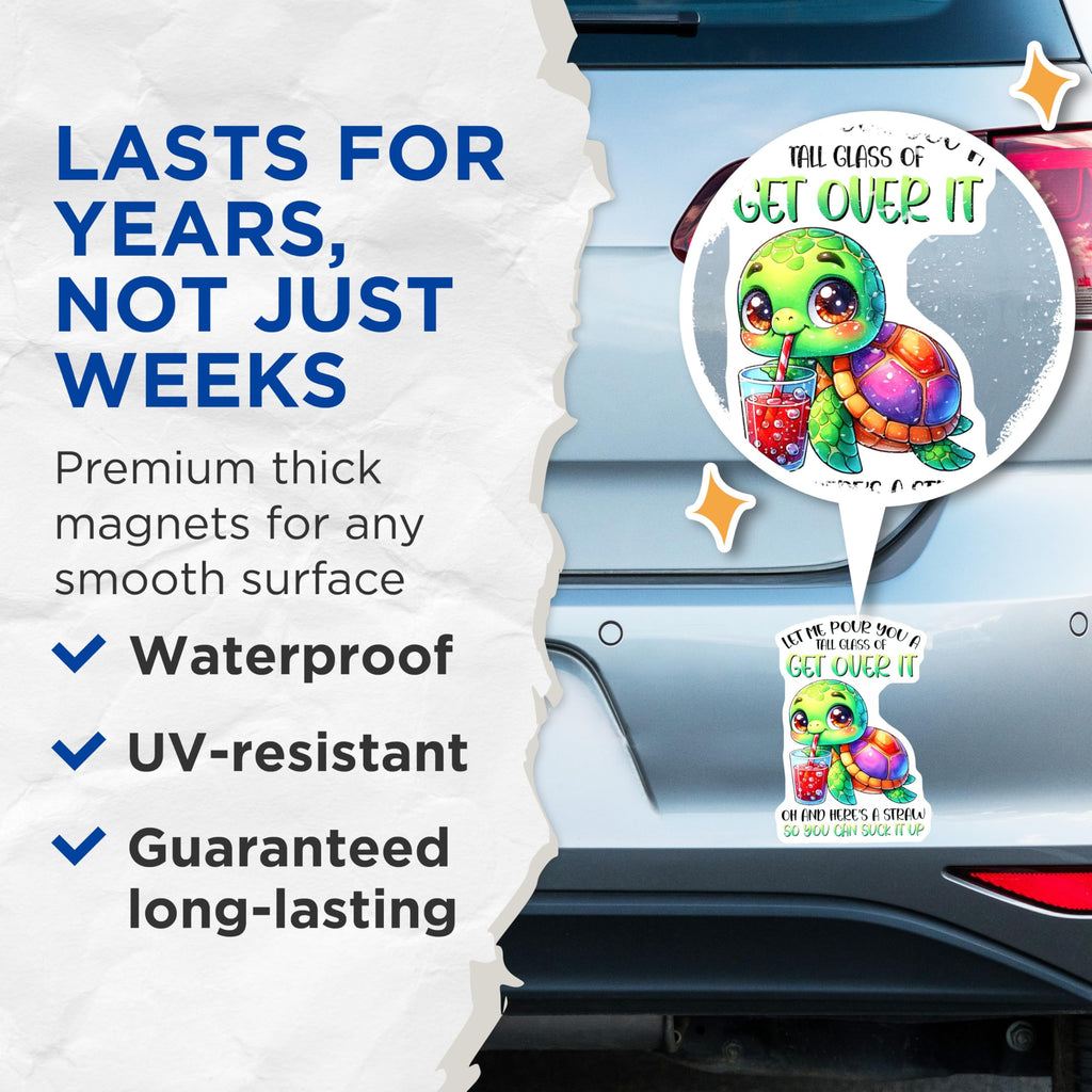 (2 Pack) Funny Turtle Magnets - Get Over It Saying - Quirky Fridge Magnets - 5" On Longest Side - Premium Magnet - for Cars, Refrigerators, Toolboxes, Lockers - Made in USA - MAG16504