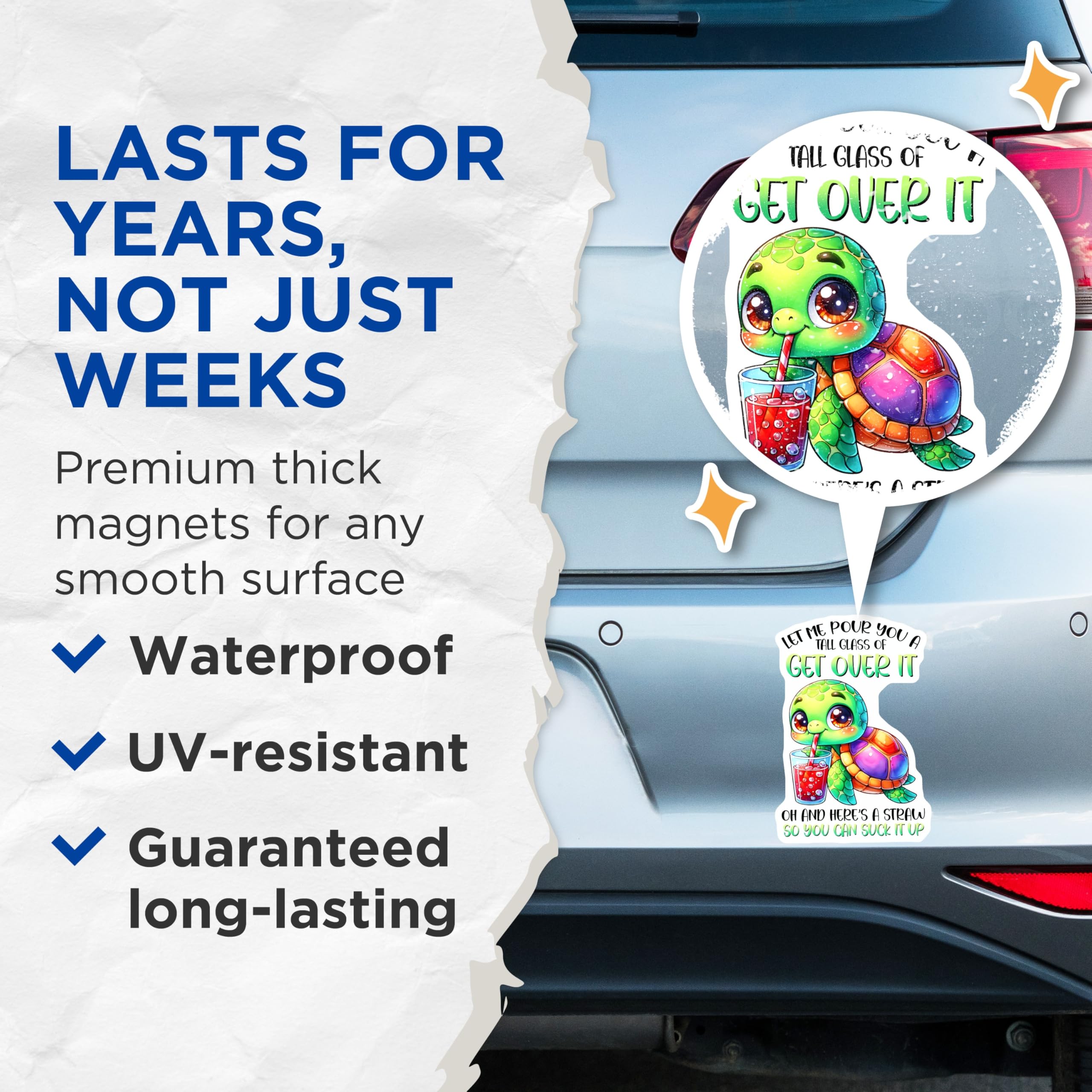 (2 Pack) Funny Turtle Magnets - Get Over It Saying - Quirky Fridge Magnets - 5" On Longest Side - Premium Magnet - for Cars, Refrigerators, Toolboxes, Lockers - Made in USA - MAG16504