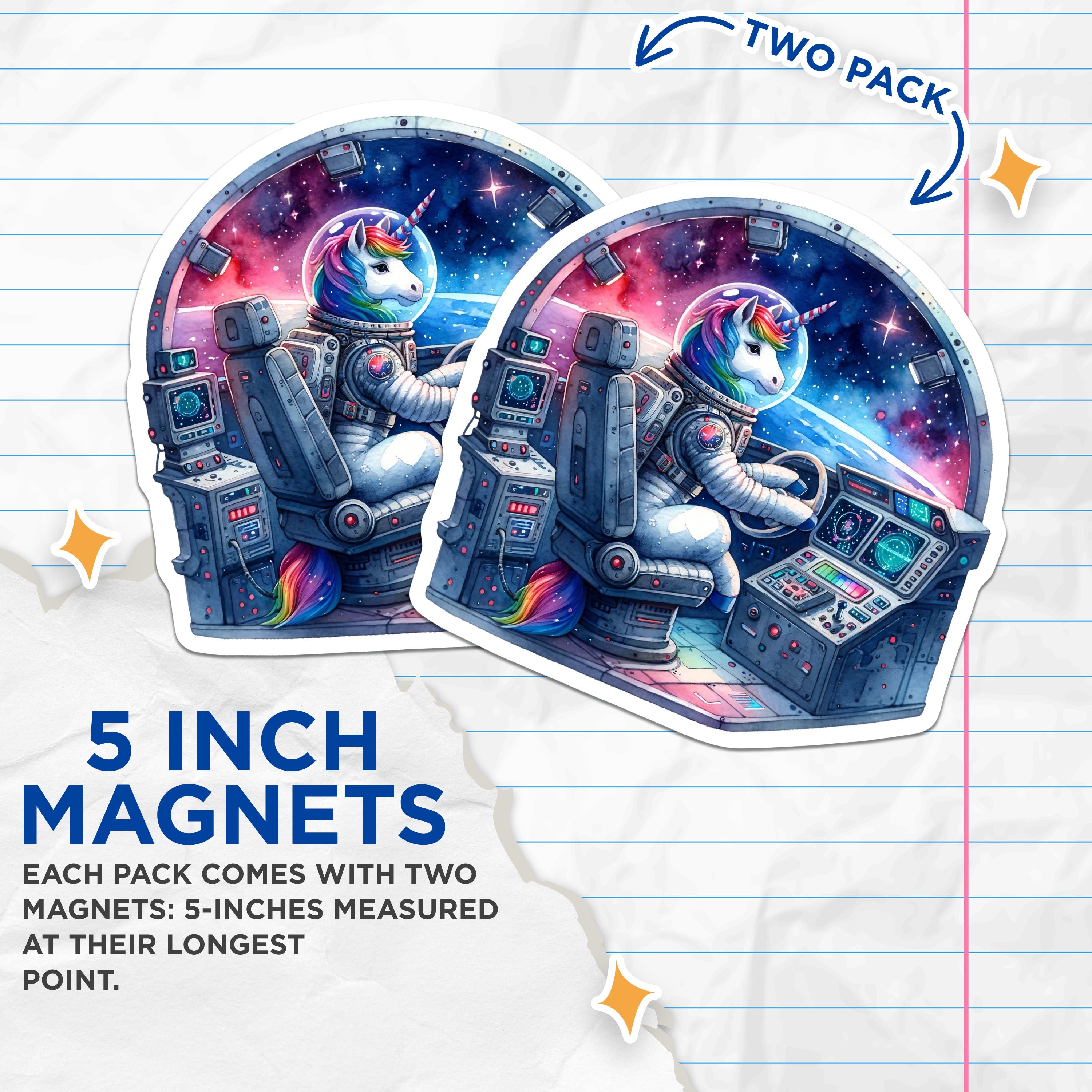 (2 Pack) Unicorn Astronaut Magnets - Rainbow Space Art Decor - Magical Sci-Fi Fantasy Home Accessory for Dreamers - 5 Inches On Longest Side - Thick Durable Magnet - Made in USA - MAG38686