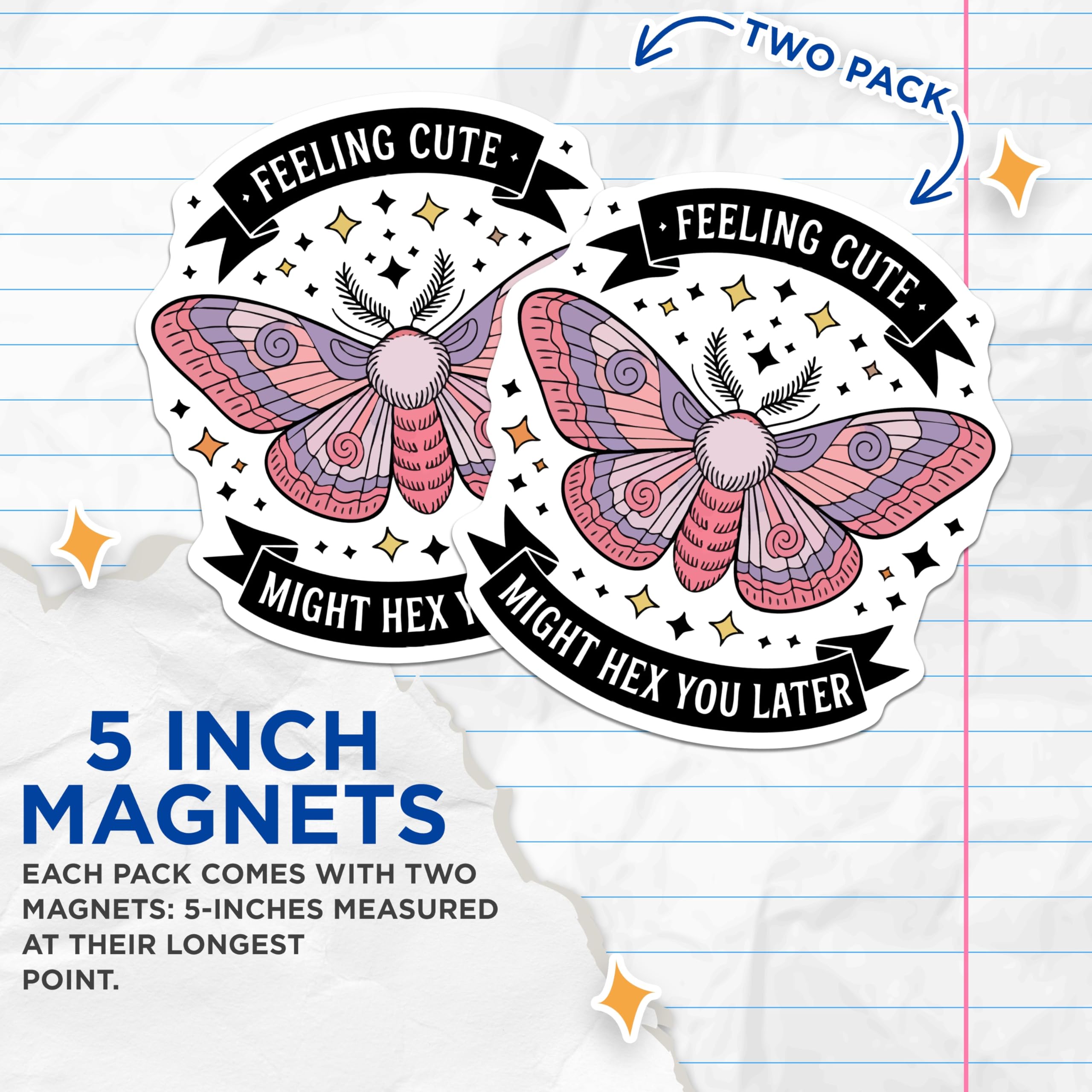 (2 Pack) Whimsical Moth Magnets - Feeling Cute Might Hex You Later - Witchy Refrigerator Decor - Spooky Aesthetic Locker Art - 5 Inches On Longest Side - Thick Durable Magnet - Made in USA - MAG20284