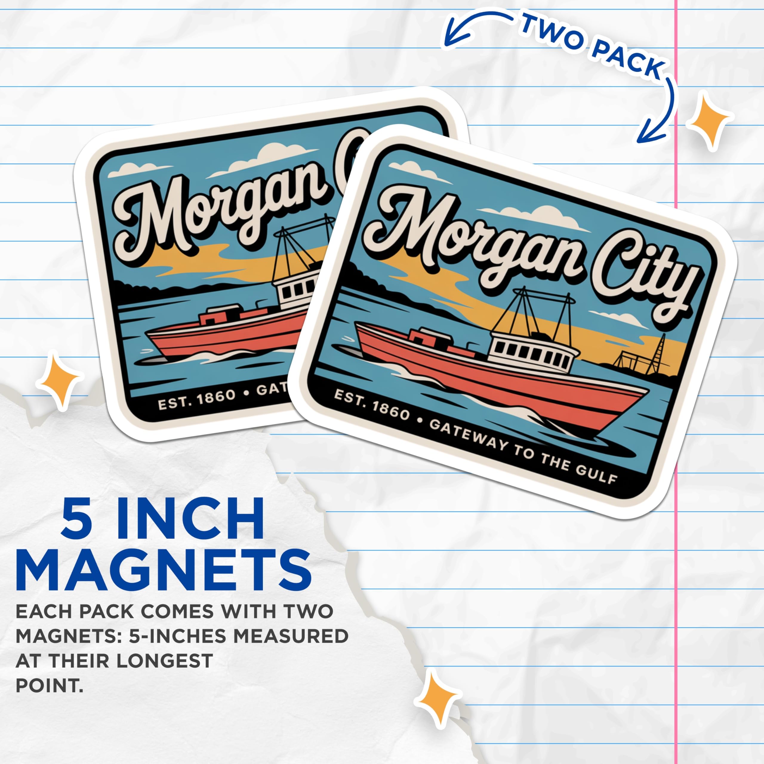 (2 Pack) Morgan City Louisiana Magnets - Gateway to the Gulf - Fishing Boat Souvenir - 5 Inches On Longest Side - Thick Durable Magnet - Made in USA - MAG19064