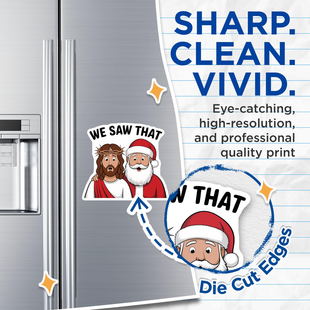 (2 Pack) Funny Jesus Santa Magnets - We Saw that Meme Humor - Irreverent Christmas Refrigerator Decor - 5 Inches On Longest Side - Thick Durable Magnet - Made in USA - MAG30365