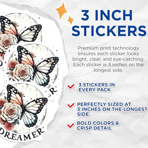 (3 Pack) Dreamer Decals - Butterfly Laptop Decals - Floral Sticker - 3 Inches On Longest Side - Easy Peel & Apply - Made in USA - 3MCS8495