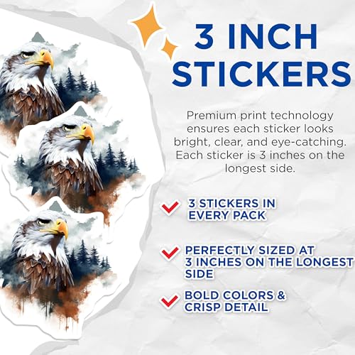 (3 Pack) Bald Eagle Decals - Laptop Stickers - Wildlife Decals - 3 Inches On Longest Side - Easy Peel & Apply - Made in USA - 3MCS2581
