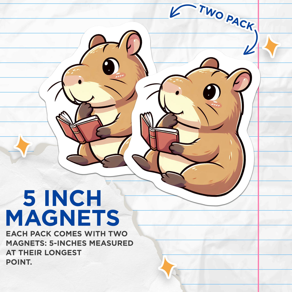 (2 Pack) Cute Hamster Reading Magnets - Book Lover Animal Decor - Student Librarian Fridge Accessory - 5 Inches On Longest Side - Thick Durable Magnet - Made in USA - MAG36241