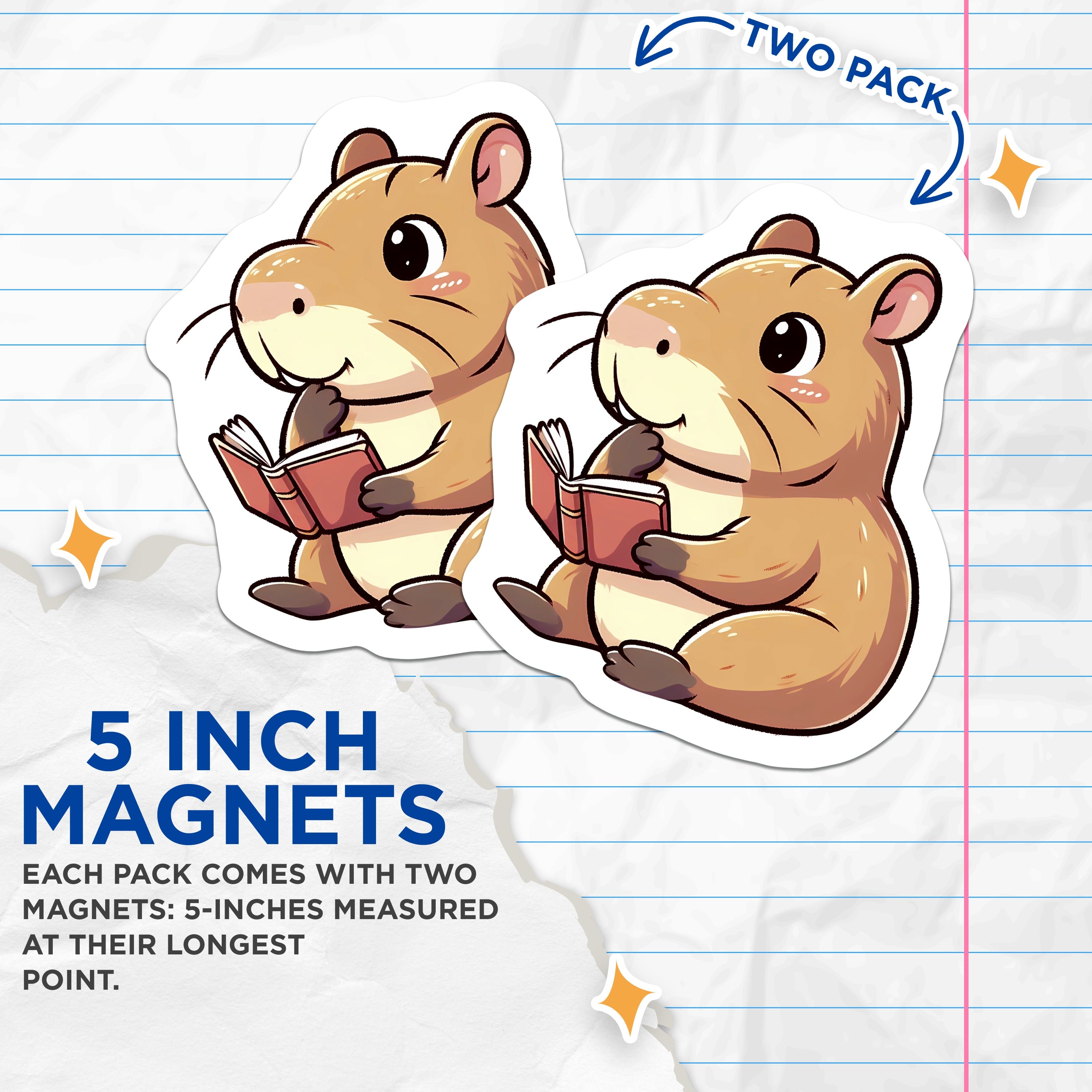 (2 Pack) Cute Hamster Reading Magnets - Book Lover Animal Decor - Student Librarian Fridge Accessory - 5 Inches On Longest Side - Thick Durable Magnet - Made in USA - MAG36241