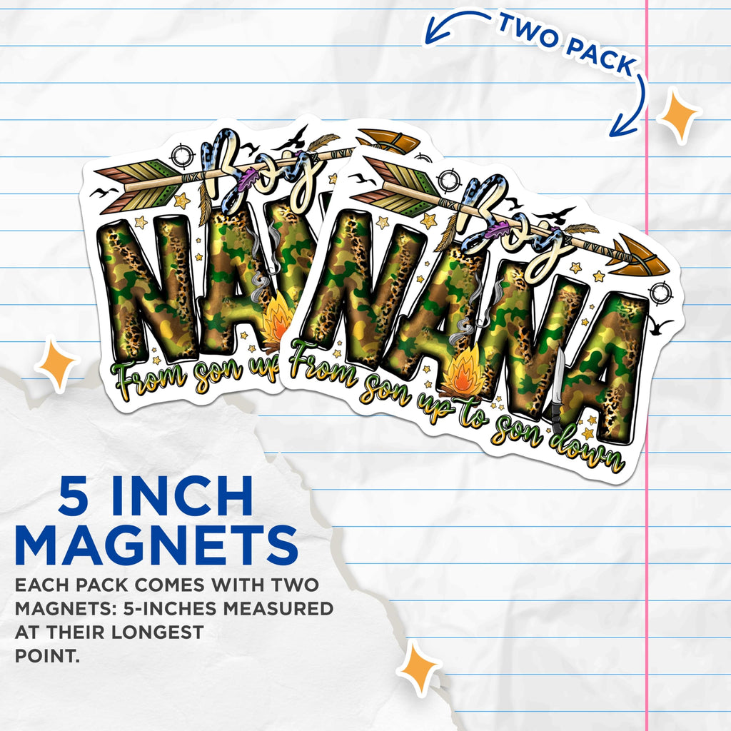 (2 Pack) Boy Nana Magnets - Hunting Grandma Decor - Camouflage Leopard Print Refrigerator Accent - 5 Inches On Longest Side - Thick Durable Magnet - Made in USA - MAG24799